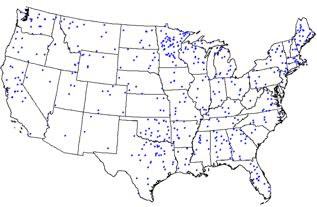 Map of the 48 contiguous states with 500 points indicating the sampling locations. Information about specific locations can be found at: https://www.epa.gov/sites/default/files/2015-07/documents/sampling.pdf