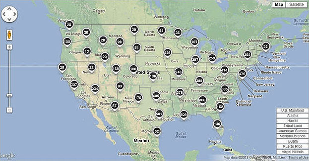 This sample screenshot, showing the number of facilities in each geographic region, is an example of one of the many views that can be created through, FLIGHT, the online data publication tool.