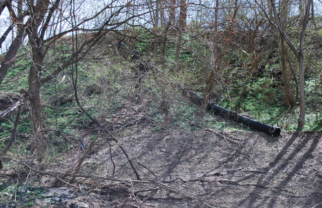 View of the drainage pipe from the upper Locust Street pile at Ambler Asbestos site