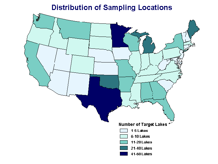 This map shows the target lakes in each of the contiguous 48 states. Minnesota and Texas had the highest range of target lakes, both between 41-60.