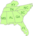 This image shows which states are included in EPA's Region 4: Alabama, Florida, Georgia, Kentucky, Mississippi, North Carolina, South Carolina, Tennessee and 6 Tribes.