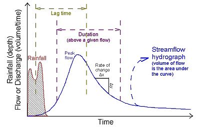 A stream hydrograph, plotted as discharge versus time that can be used to characterize flow at a given stream cross-section. 