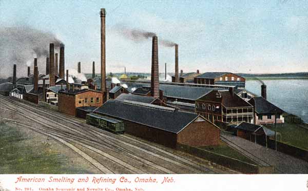 Historical postcard image of the riverfront smelter