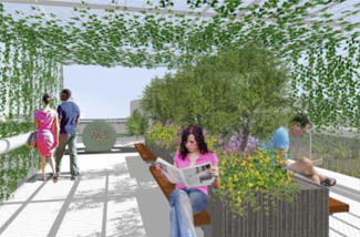 Students sitting on benches attached to green infrastructure planter boxes