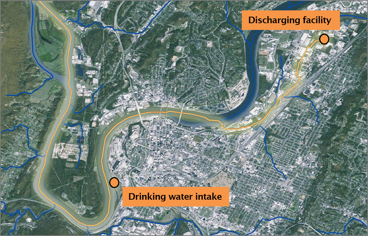 Illustration of how RSEI calculates downstream concentrations for a water discharge