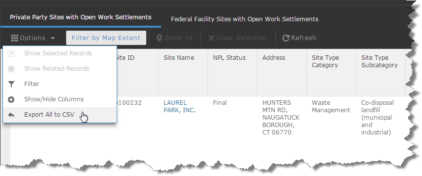 Screenshot of the attribute table with export to csv selected 