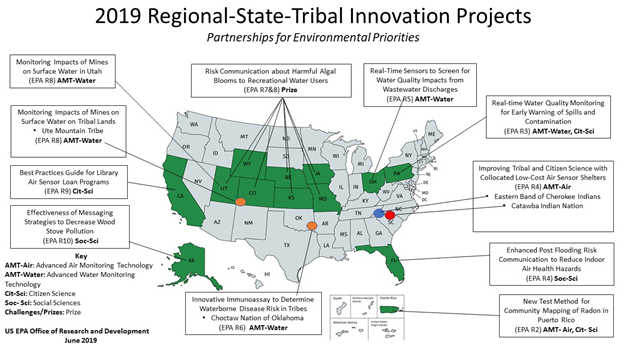 US map showing locations of 2019 Regional, State, and Tribal Innovation Projects