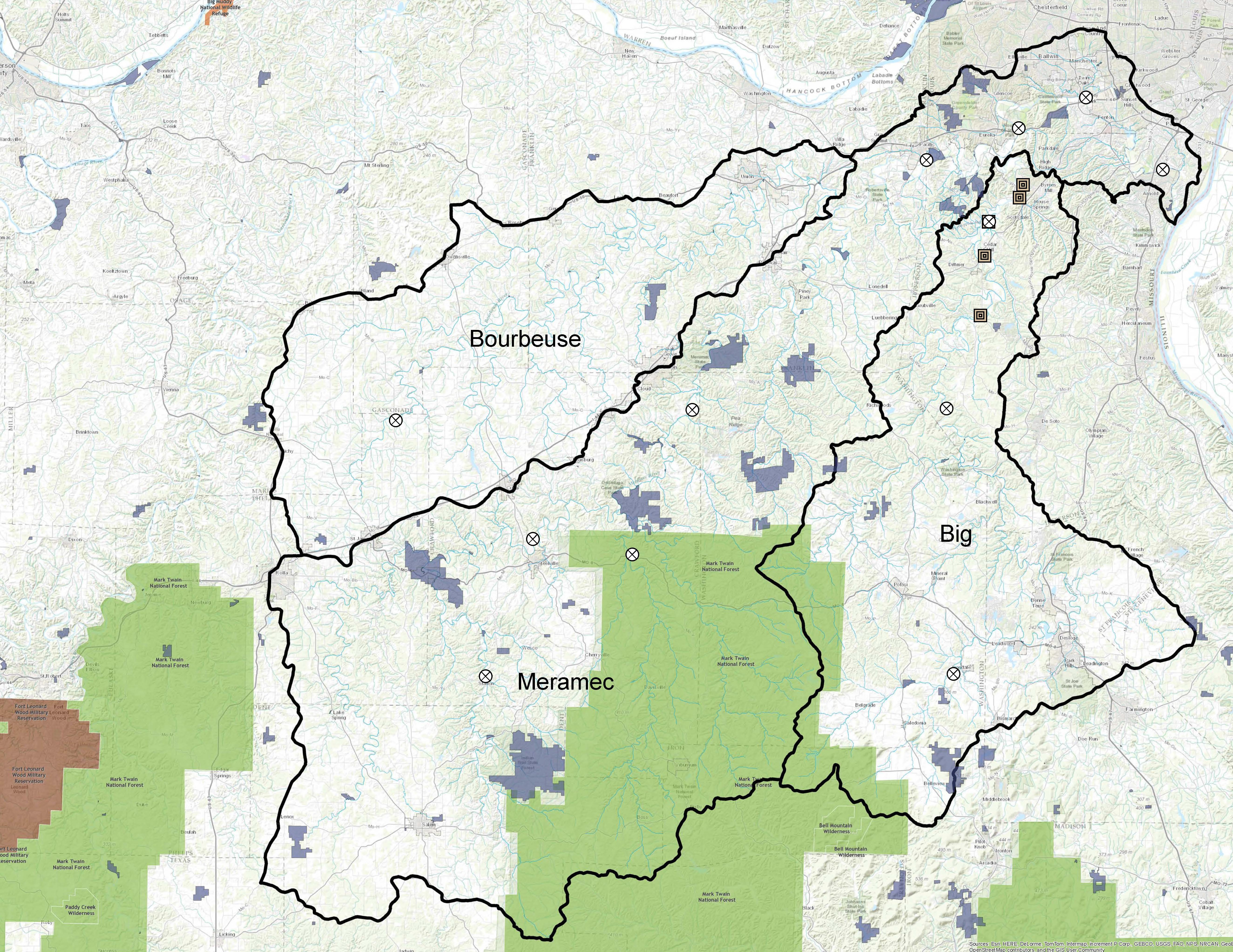 Map showing 3 basins of Meramec River