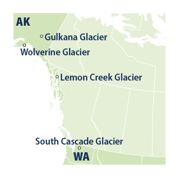 Map showing the locations of the four glaciers tracked in Figure 2.