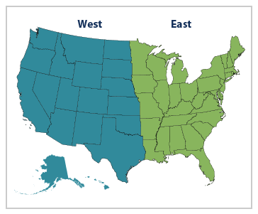 Locator map showing Eastern and Western United States.