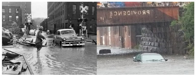 Side by side photos of flooded streets in 1955 and 2018 in Worcester, MA