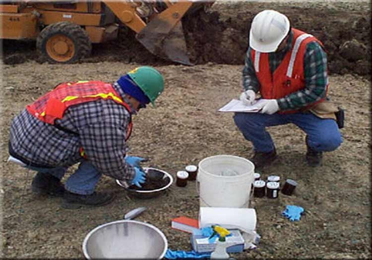 Field crew collecting soil samples to analyze as part of RI/FS field sampling activities.