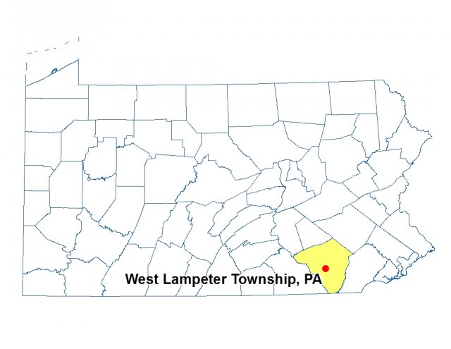 A map of Pennsylvania highlighting the location of West Lampeter Township