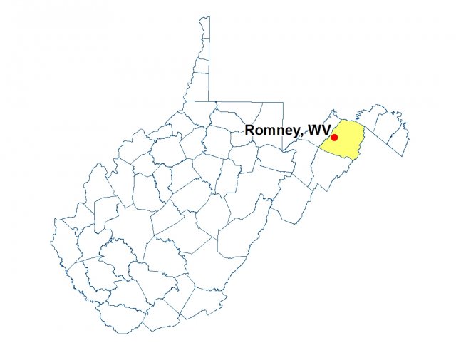 A map of West Virginia highlighting the location of Romney