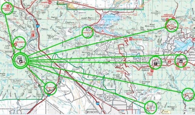 Map showing the Lytle Creek site solar PV system and the 9 other Forest Service locations it provides power to.