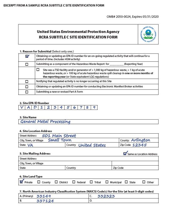 Screen shot of Page 1 of the Site Identification Form (form 8700-12)