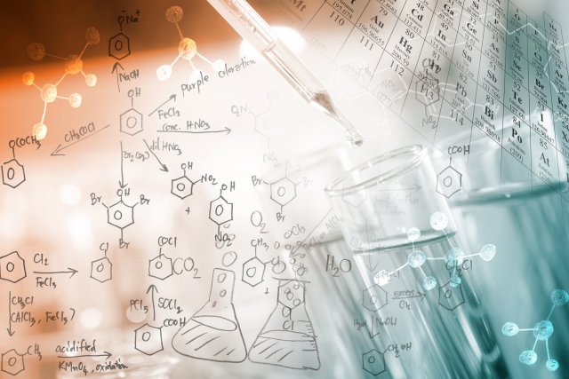 Image of pipette and chemical testing tube with chemical figures written in background and a corner of the periodic table also showing.