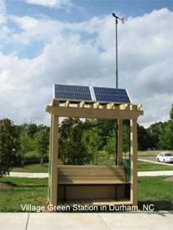 A photograph of solar and wind powered air monitoring bench.