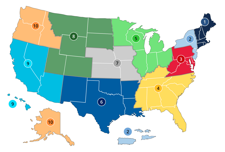 Map of the US, split into EPA regions