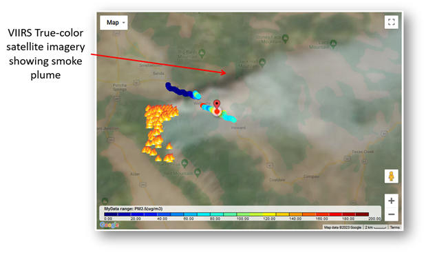 VIIRS true-color imagery showing smoke plume from fire