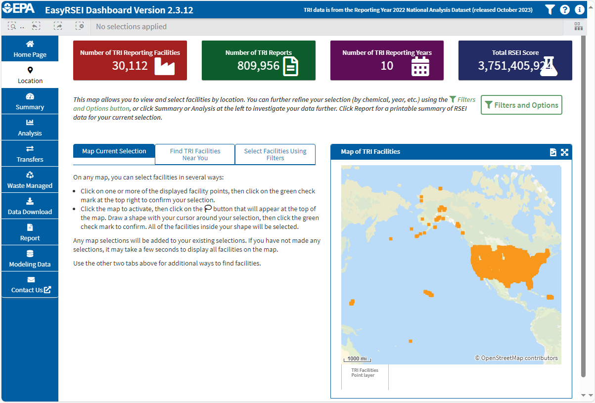 Screenshot of EasyRSEI  showing mapped locations of facilities