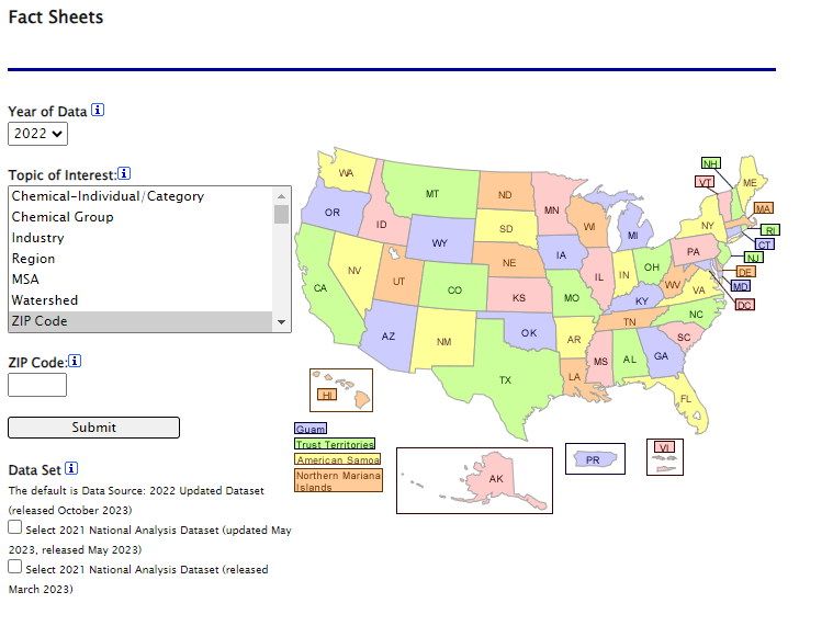 Screenshot of portion of TRI Explorer fact sheet interface