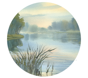 Painting of a lake.