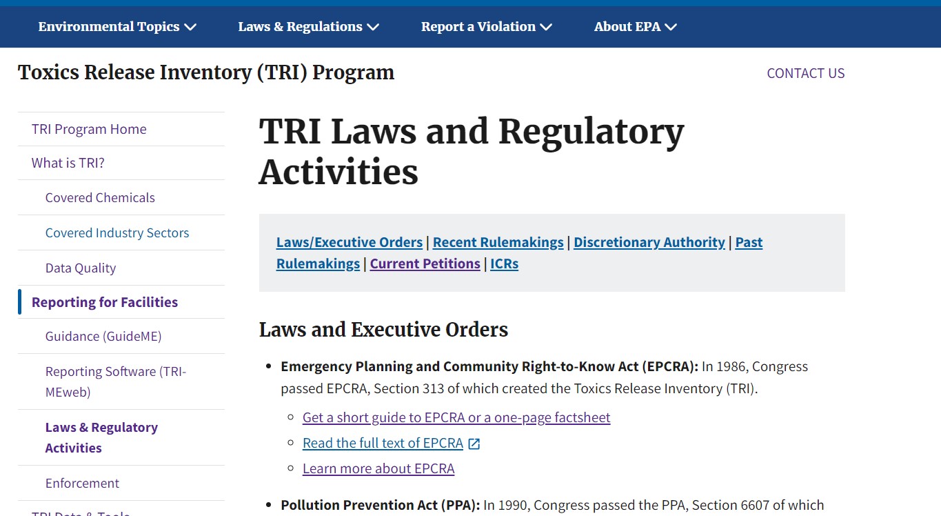 Screenshot of the top of the TRI Laws and Regulatory Activities webpage.