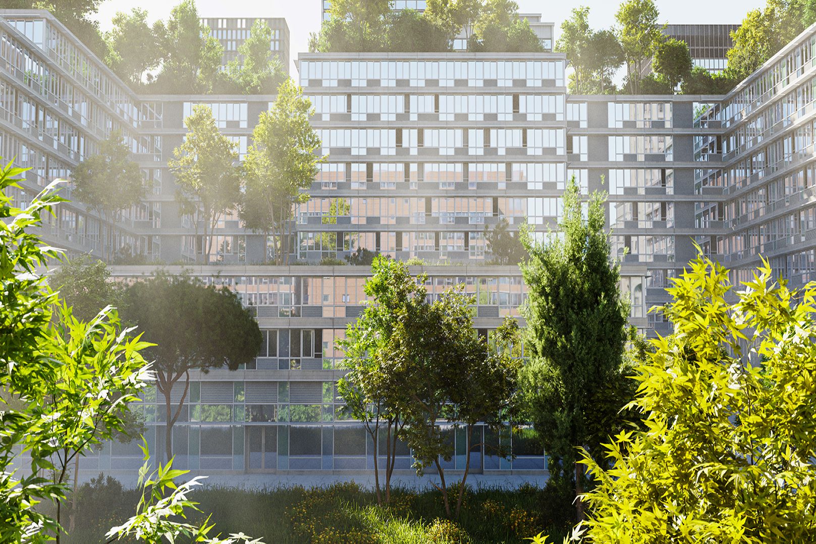 Green roofs and trees integrated into a building