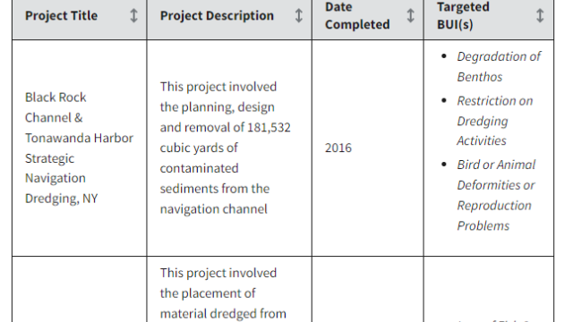 Text appearing in the rows and columns of graphic:  Project Title	Project Description	Date Completed	Targeted BUI(s) Black Rock Channel & Tonawanda Harbor Strategic Navigation Dredging, NY	This project involved the planning, design and removal of 181,532 cubic yards of contaminated sediments from the navigation channel	2016	 Degradation of Benthos Restriction on Dredging Activities Bird or Animal Deformities or Reproduction Problems