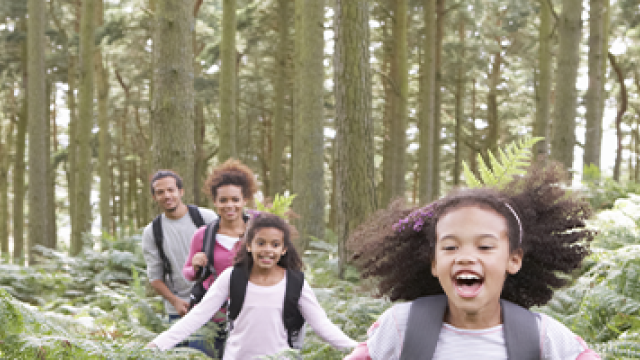 family hiking in woods