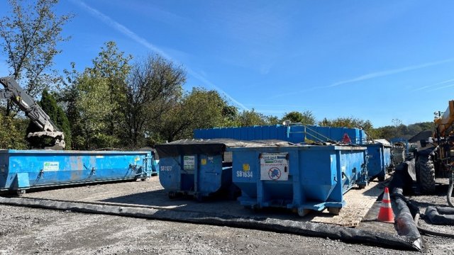 View of the small blue tanks still on top of rig mats