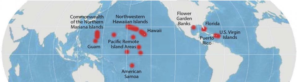 Map of tropical coral reef ecosystems within the U.S. This map provides the general geographic distribution of U.S. coral reef habitat (map courtesy of NOAA).