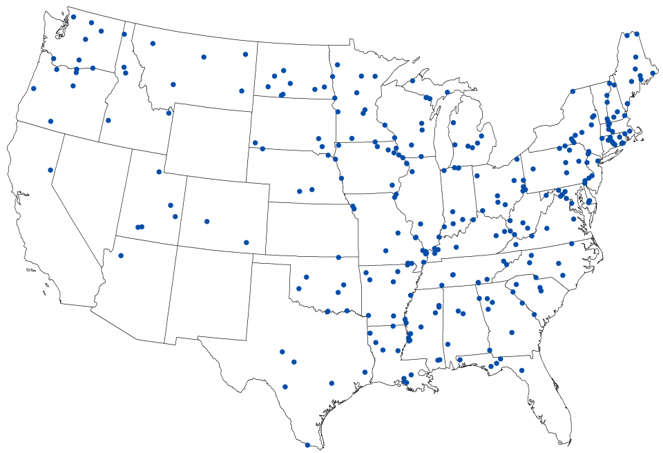 Map of the 48 contiguous United States with 290 points showing the locations of river sampling sites for the 2018-2019 National Rivers and Streams Assessment (NRSA) Fish Tissue Study. Each river sampling site's name and location, provided as latitude/longitude coordinates, is available in the downloadable Excel data files on this webpage.