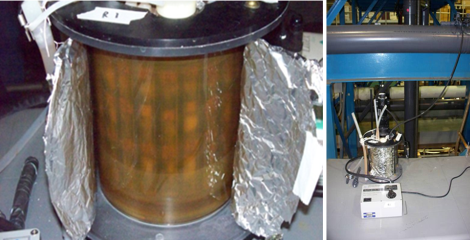 Two photos of bench-scale decontamination systems called biofilm annular reactors.