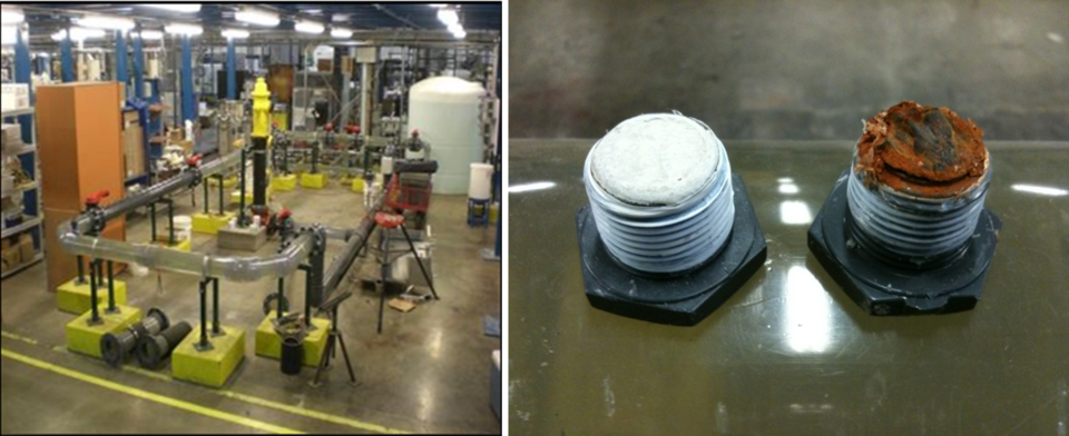 At left, a pipe loop in a lab simulating a water distribution system. At right, two test coupons of pipe surface materials.