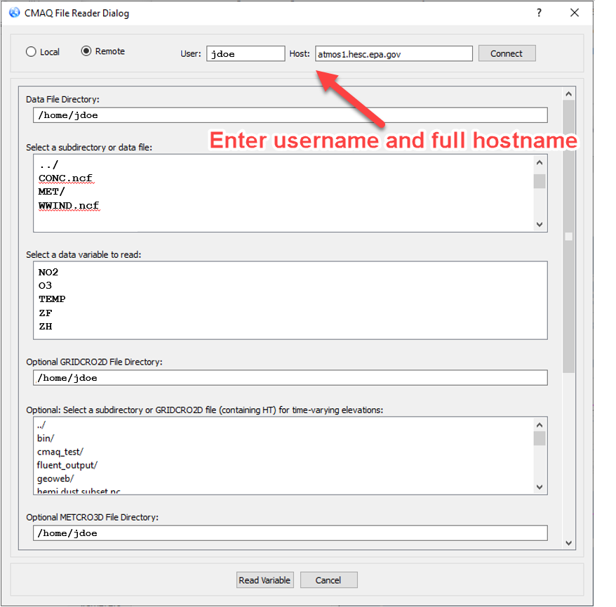 RSIG3D dialog for navigating to remote CMAQ files