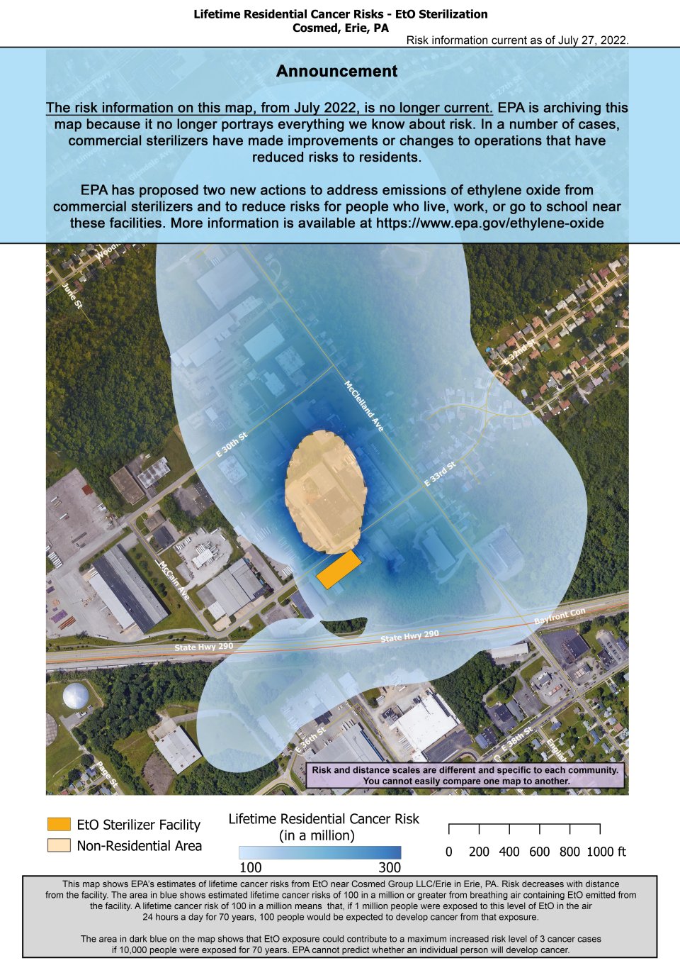 This map shows EPA’s estimate of lifetime cancer risks from breathing ethylene oxide near Cosmed, 2205 East 33rd St Erie, PA. Estimated cancer risk decreases with distance from the facility.  Nearest the facility, the estimated lifetime cancer risk is 800 in a million.This drops to 100 in a million and extends north to the intersection of Everett Dr and Bird Dr, south to the intersection of E 38th St and Nancy Ave, east to Long’s School of Dance and southwest to the intersection of E 35th St and Rome Dr