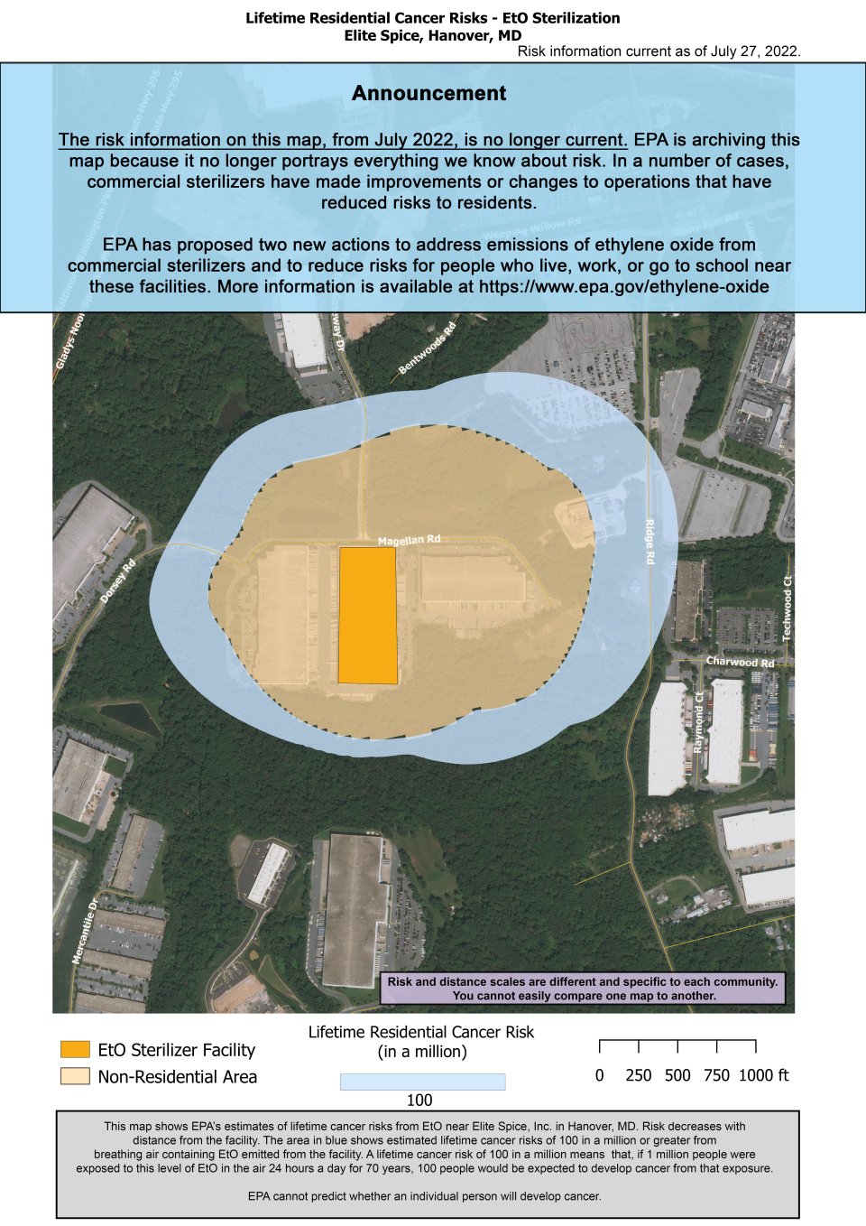 Este mapa muestra la estimación de la EPA acerca de los riesgos de cáncer de por vida al respirar óxido de etileno cerca de Elite Spice, Hanover, situada en 1415 Magellan Road, Hanover, MD. El riesgo estimado de cáncer disminuye al alejarse de la instalación. Más cerca de la instalación, el riesgo estimado de cáncer de por vida es de 100 en un millón.