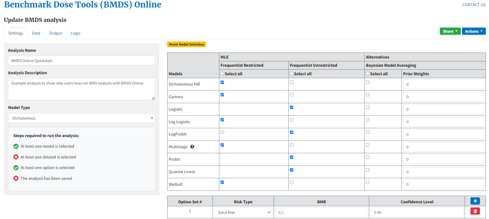 BMDS Online new analysis page