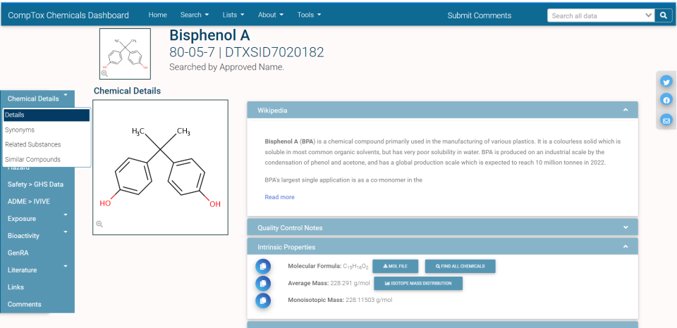 Chemical Details page in the Dashboard showing details for BPA. 