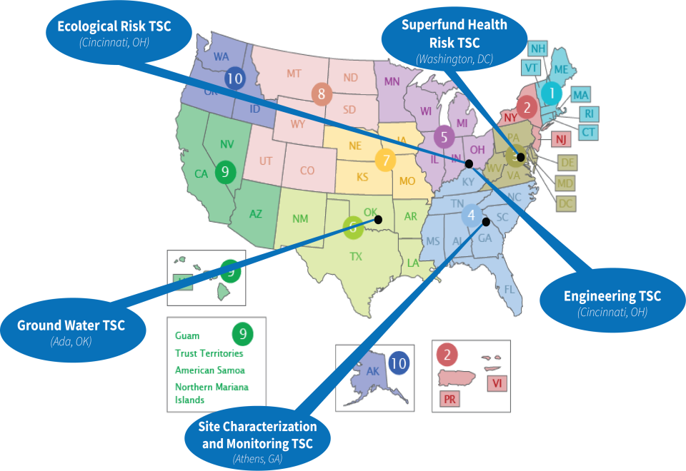 A map of the US showing geographical headquarters of each of the five technical support centers.