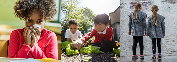 three photos of children affected by climate change