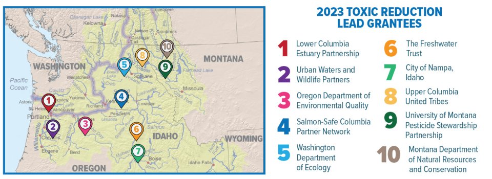 Map showing the approximate location of the ten 2023 Toxic Reduction Lead awards in the Columbia River Basin in Idaho, Montana, Oregon, and Washington.