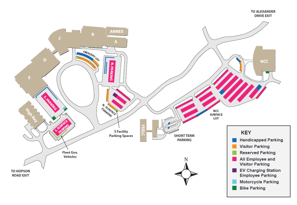 Map of parking locations at EPA's Campus in Research Triangle Park (RTP), North Carolina. Read the description below for a text alternative of this map.