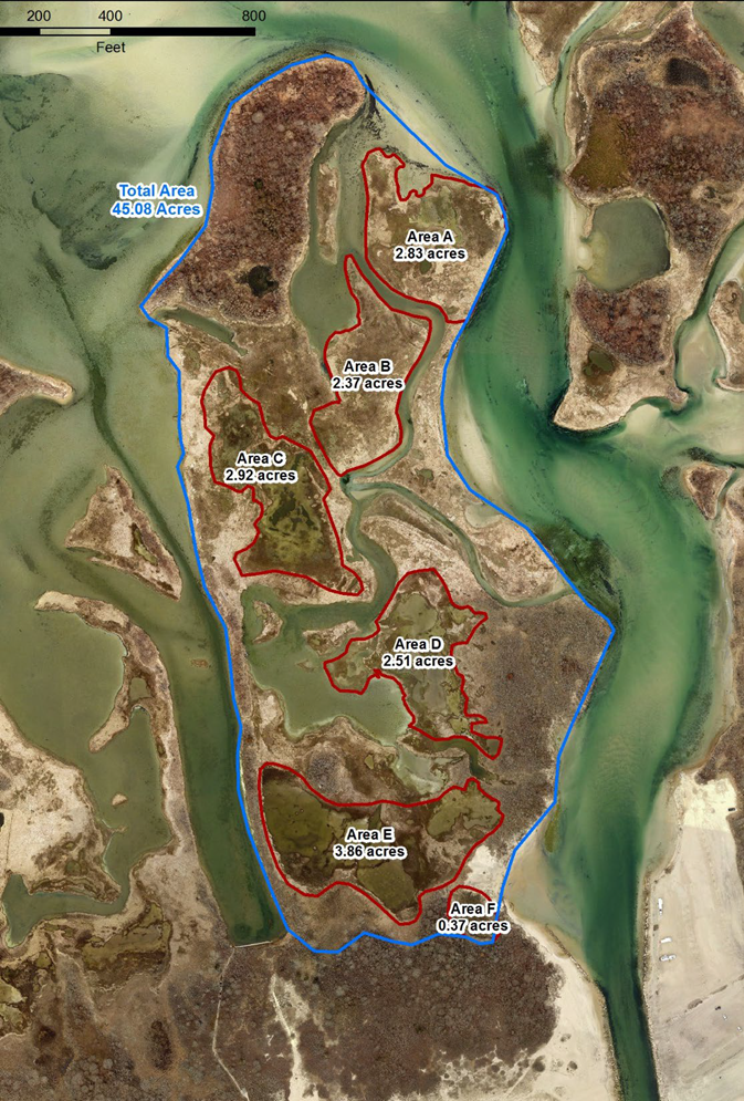 Total acreage is delineated into six marsh areas on an aerial view of the Ninigret Marsh.