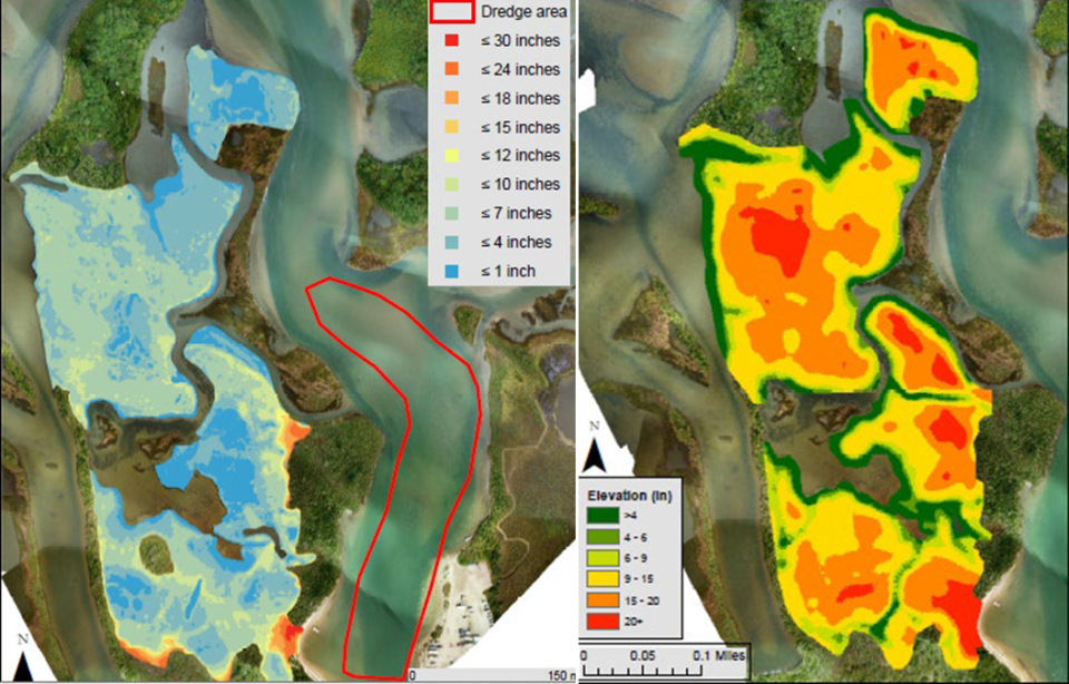 Maps showing depths of dredge material and elevations.