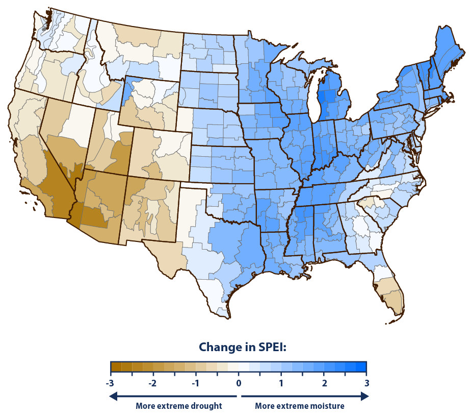 Map showing the total change in drought conditions across the contiguous 48 states, based on the long-term average rate of change in the five-year SPEI over the span of more than a century.