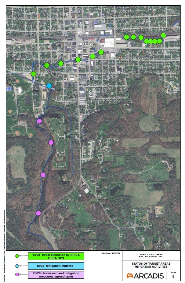 Map of area with pinpoints showing status of each point