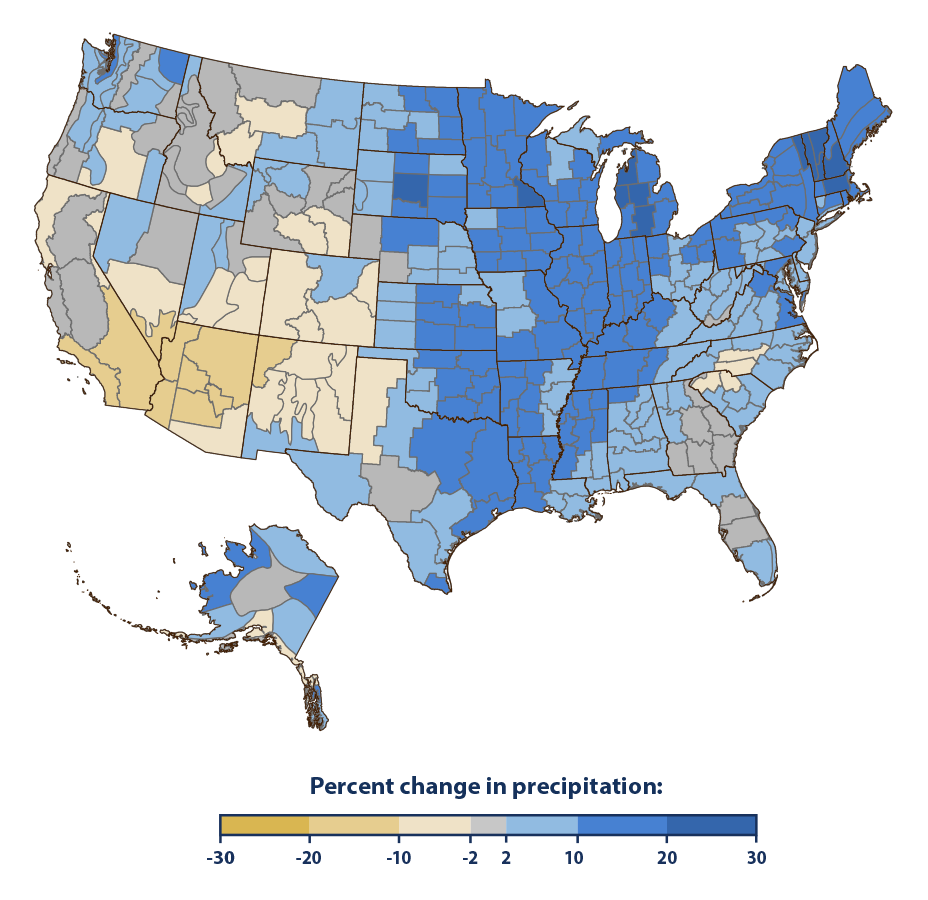 Color-coded map showing the percent change in precipitation across the United States from 1901 to 2023.